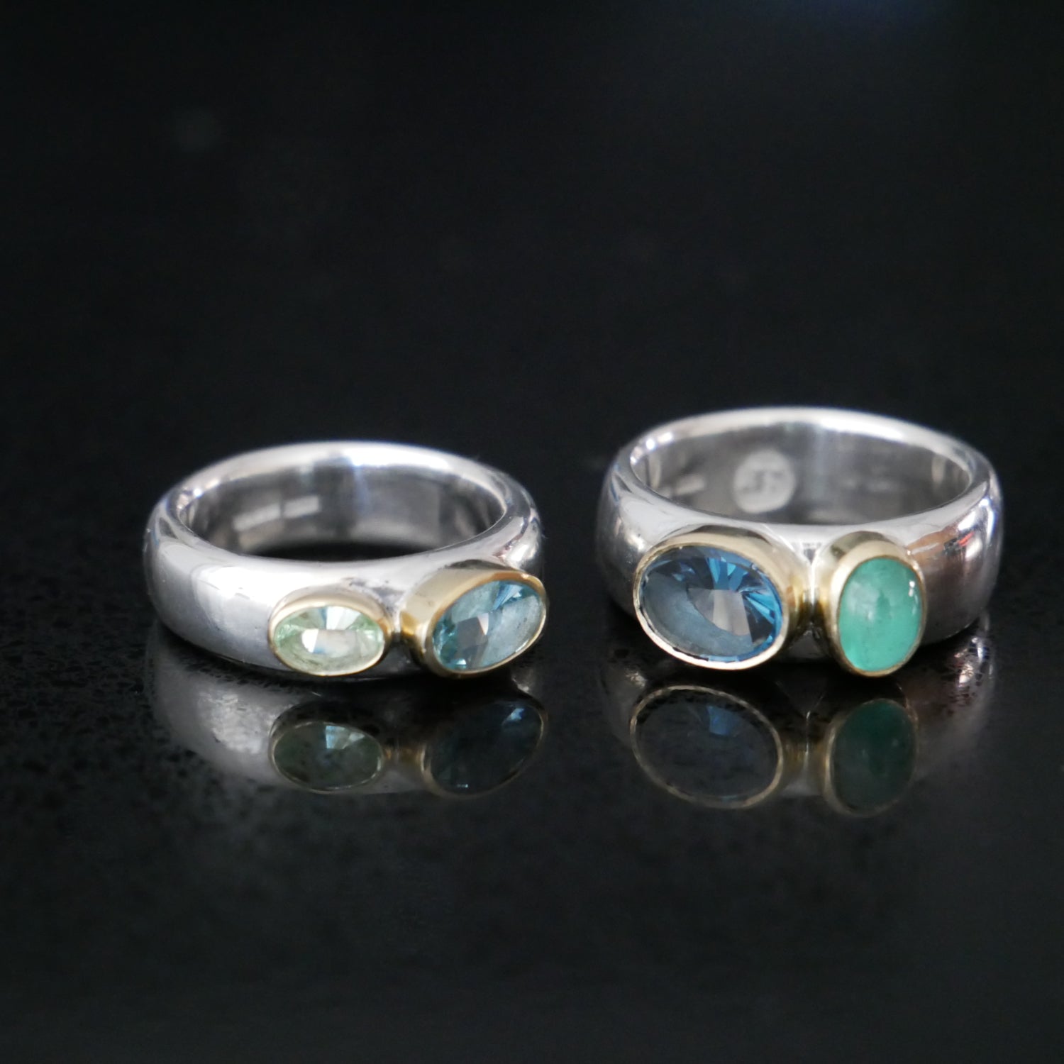 gold and silver wide ring with aquamarine and tourmaline