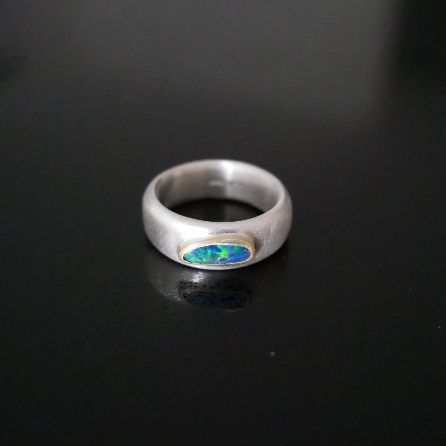silver and gold wide ring with Opal