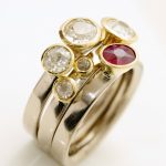 18ct white gold stacking rings with old cut Diamonds and Ruby