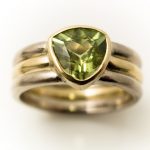 commission 18ct gold 3 band ring with triangle green tourmaline