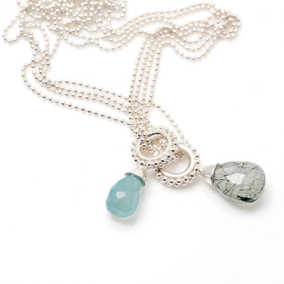 Beadedring necklace with stone drop chalcedony and rutilated quartz