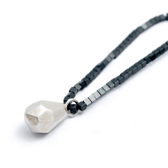 Haematite bead necklace with Flint drop