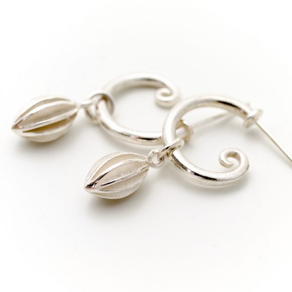 Silver curly hoop and pod drop earring