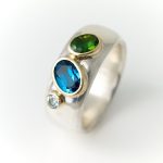 wide silver ring with tourmaline, aquamarine and topaz