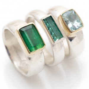 Wide silver ring with cushion shaped stone tourmaline and Aquamarine