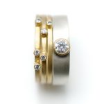 3 square 18ct gold rings with scattered diamonds with 18ct white gold ring with single 4mm diamond set in contrasting 18ct yellow gold