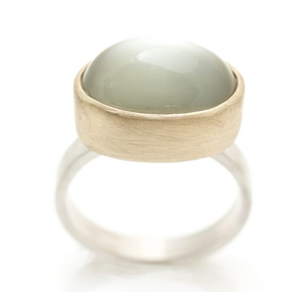 Oval green moonstone 15mm ring set in gold