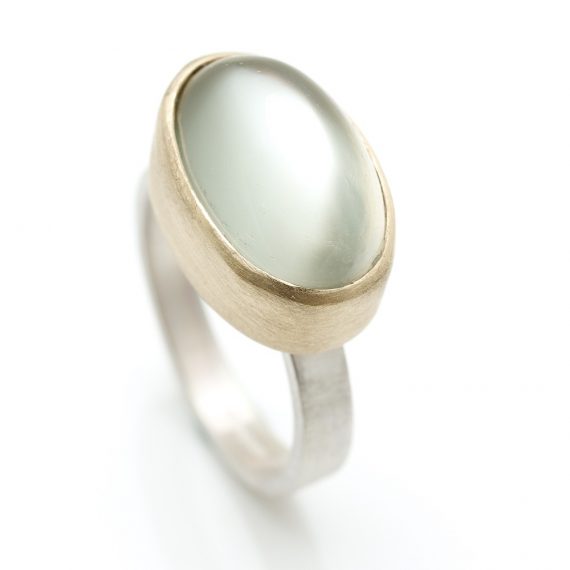 Oval green moonstone 15mm ring set in gold