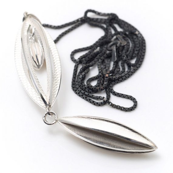 Double open pod drop silver pendant necklace