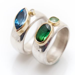 Contemporary wide silver rings with semi precious stones