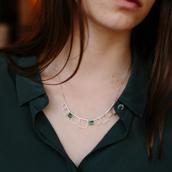 open square necklace with green tourmalines