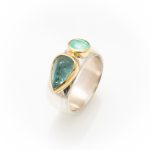 Wide Silver ring with Tourmaline and Opal set in 18ct gold