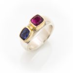 Wide silver ring with Iolite and Garnet set in 18ct gold