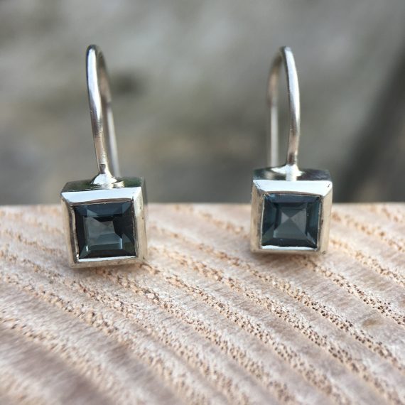 silver and London blue square topaz drop stud