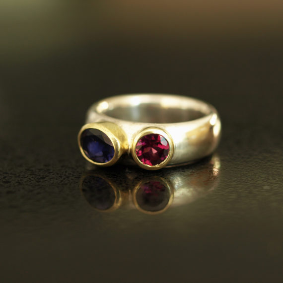 Iolite and garnet wide silver ring