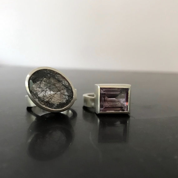 Chunky Amethyst silver baguette ring