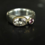 Wide silver ring with morganite and tourmaline