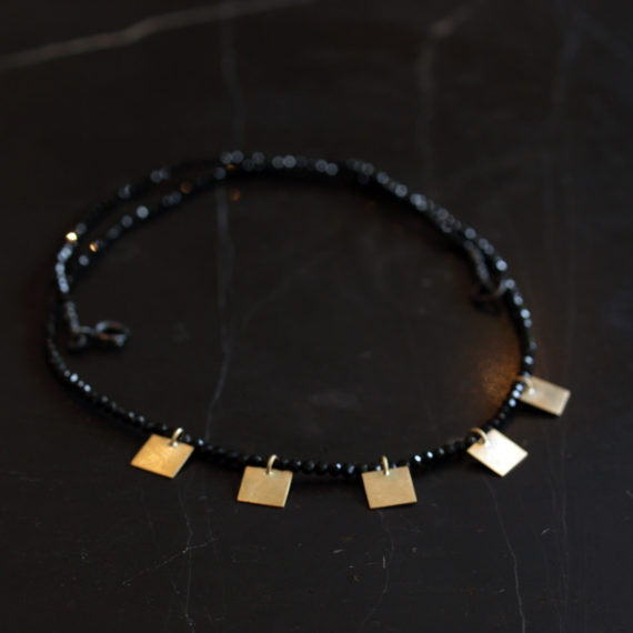 Black spinel bead necklace with 5 gold squares