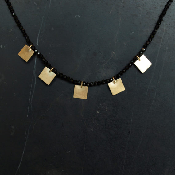 Black spinel bead necklace with 5 gold squares