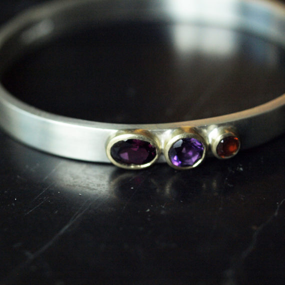 chunky silver bangle with garnet, amethyst and citrine