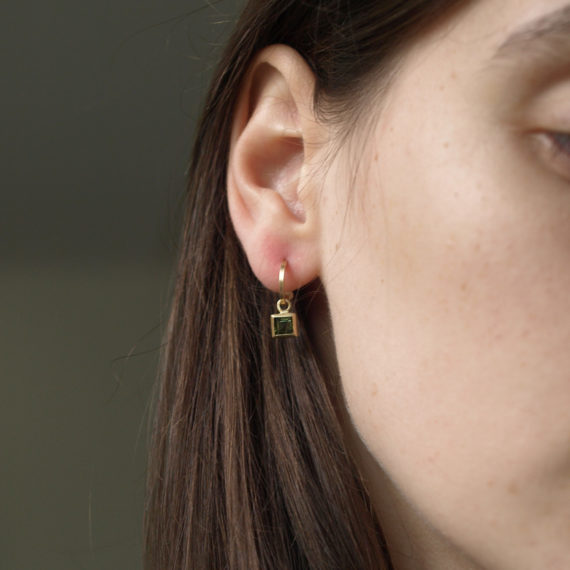 Tiny 9ct gold hoop with square tourmalines drops