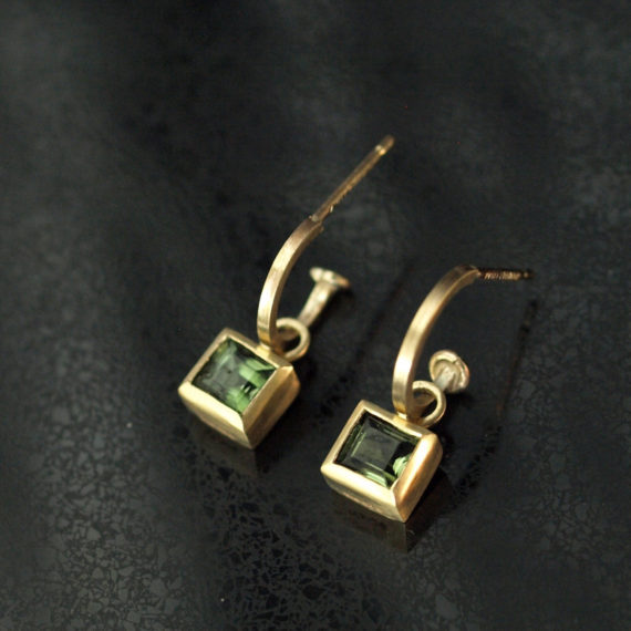 Tiny 9ct gold hoop with square tourmalines drops