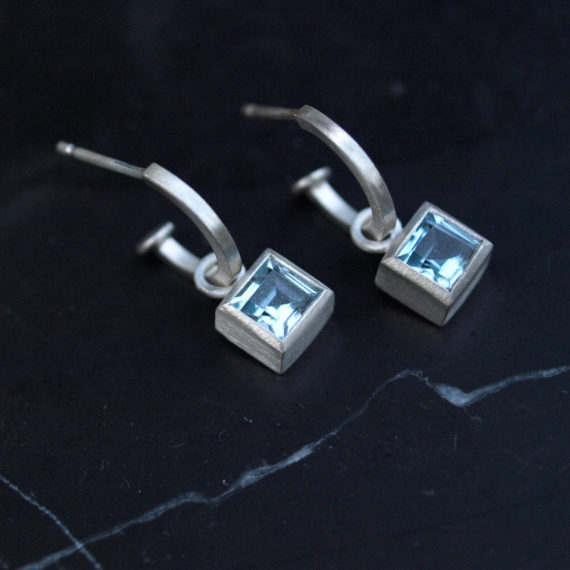 tiny silver hoop earring with square topaz