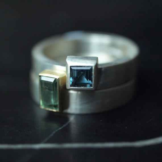 silver stacking rings with topaz and tourmaline