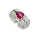 wide silver ring with drop tourmaline