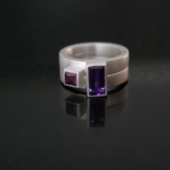 Silver geometric stacking rings amethyst and garnet