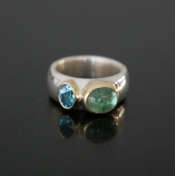 Chunky silver ring with tourmaline and topaz set in 18ct