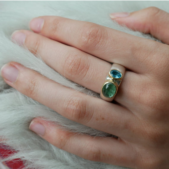Silver chunky ring with tourmaline and topaz
